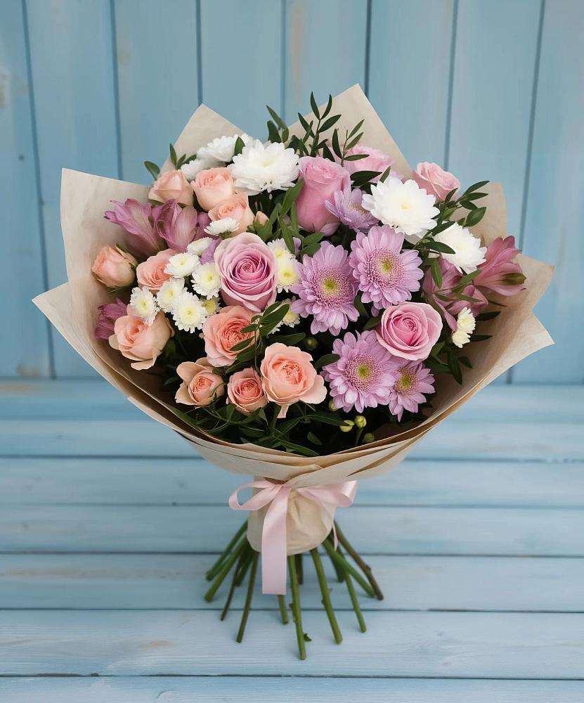 Букет цветов из: Хризантемы, Розы и Альстромерии в Дегтярске