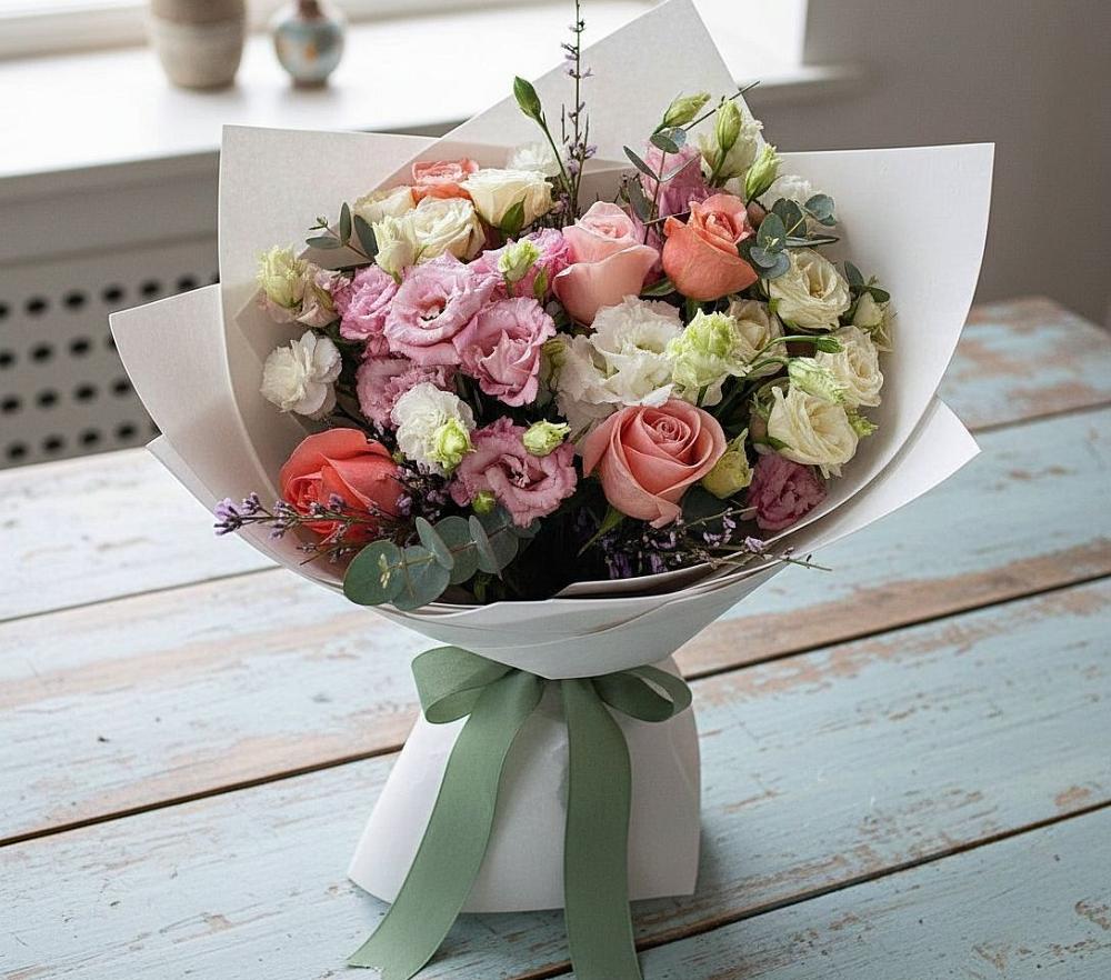 Букет цветов из: Розы, Лизиантусы и Гвоздики в Дегтярске