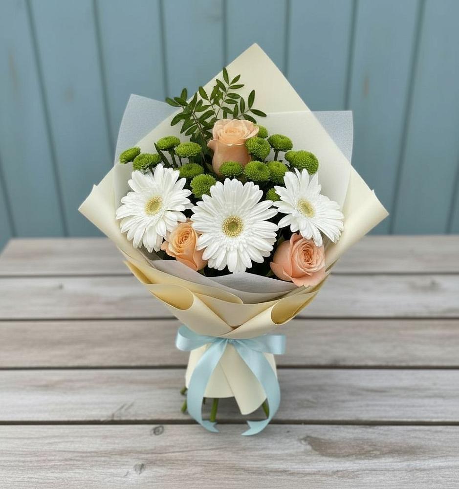Букет цветов из: Герберы, Розы и Хризантемы в Дегтярске