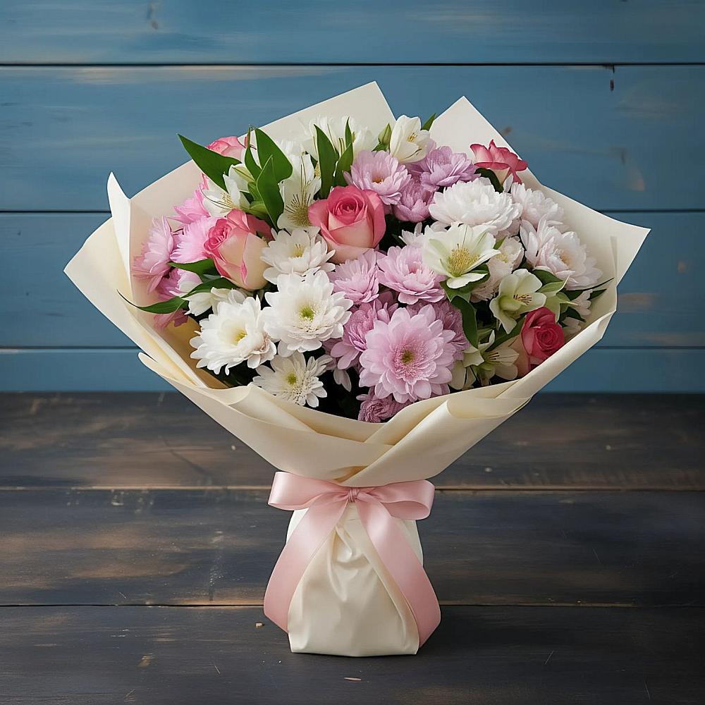 Букет цветов из: Хризантемы, Альстромерии и Розы в Дегтярске